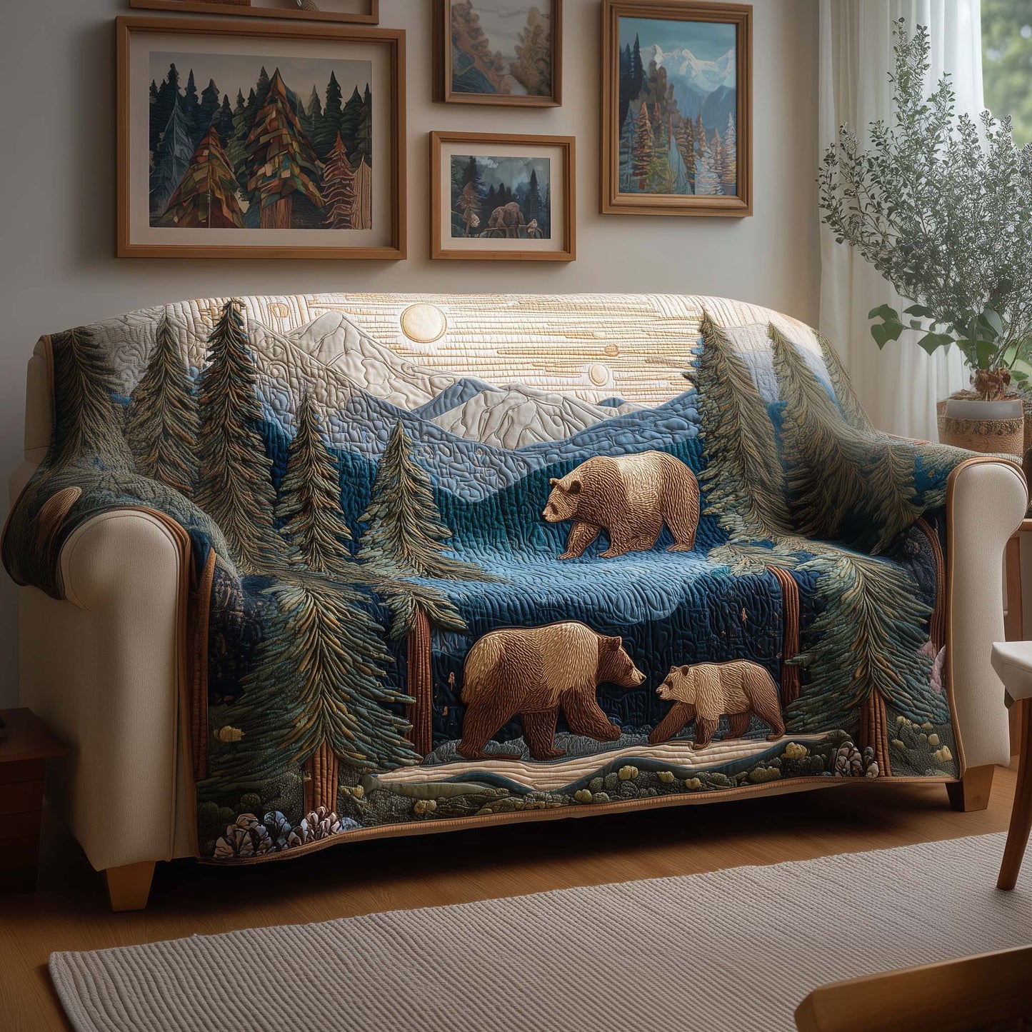 Bear Forest Quilted Sofa Cover Cozy Bear Sanctuary Sofa Throw Bear Gifts For Dad