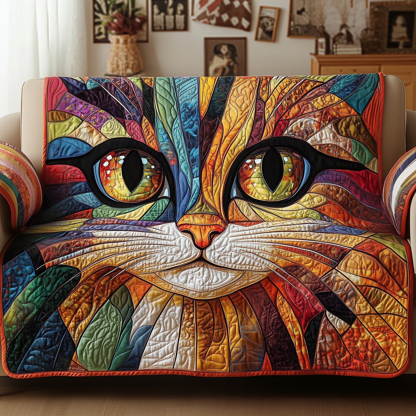 Rustic Catitude Quilted Sofa Cover Vintage Cat Expression Design Kitten Christmas Presents