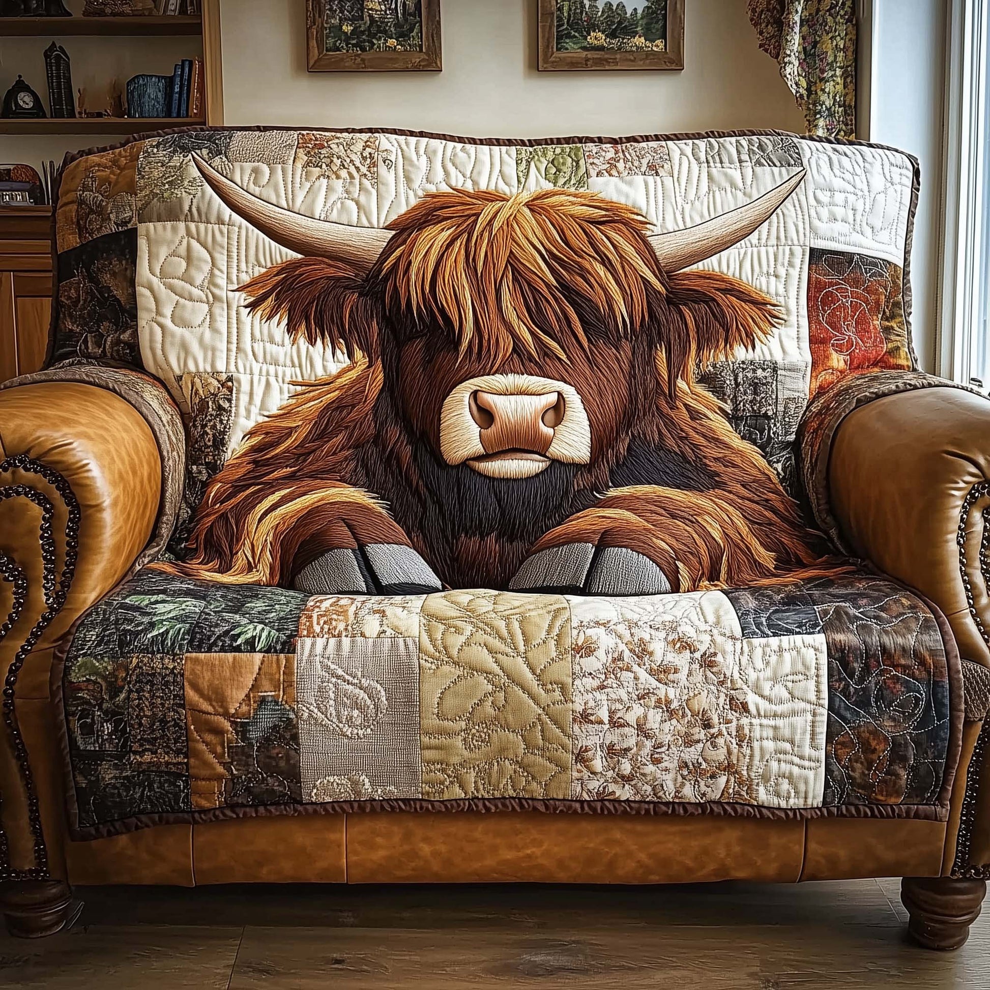 Resting Highland Cow Quilted Sofa Cover Calm Scottish Cattle Motif Cow Lover Gift Ideas