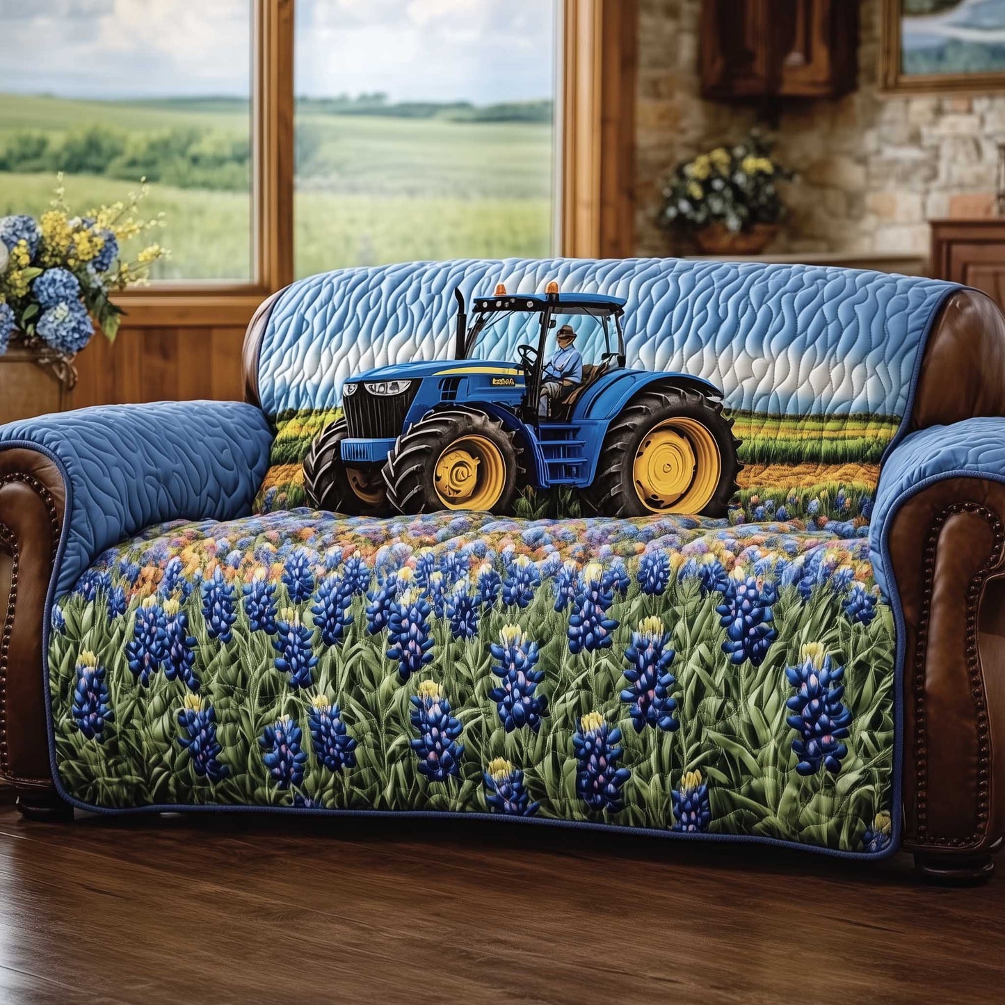 Bluebonnet Quilted Sofa Cover Nature's Blue Flower Sofa Guard Presents For Flower Lovers