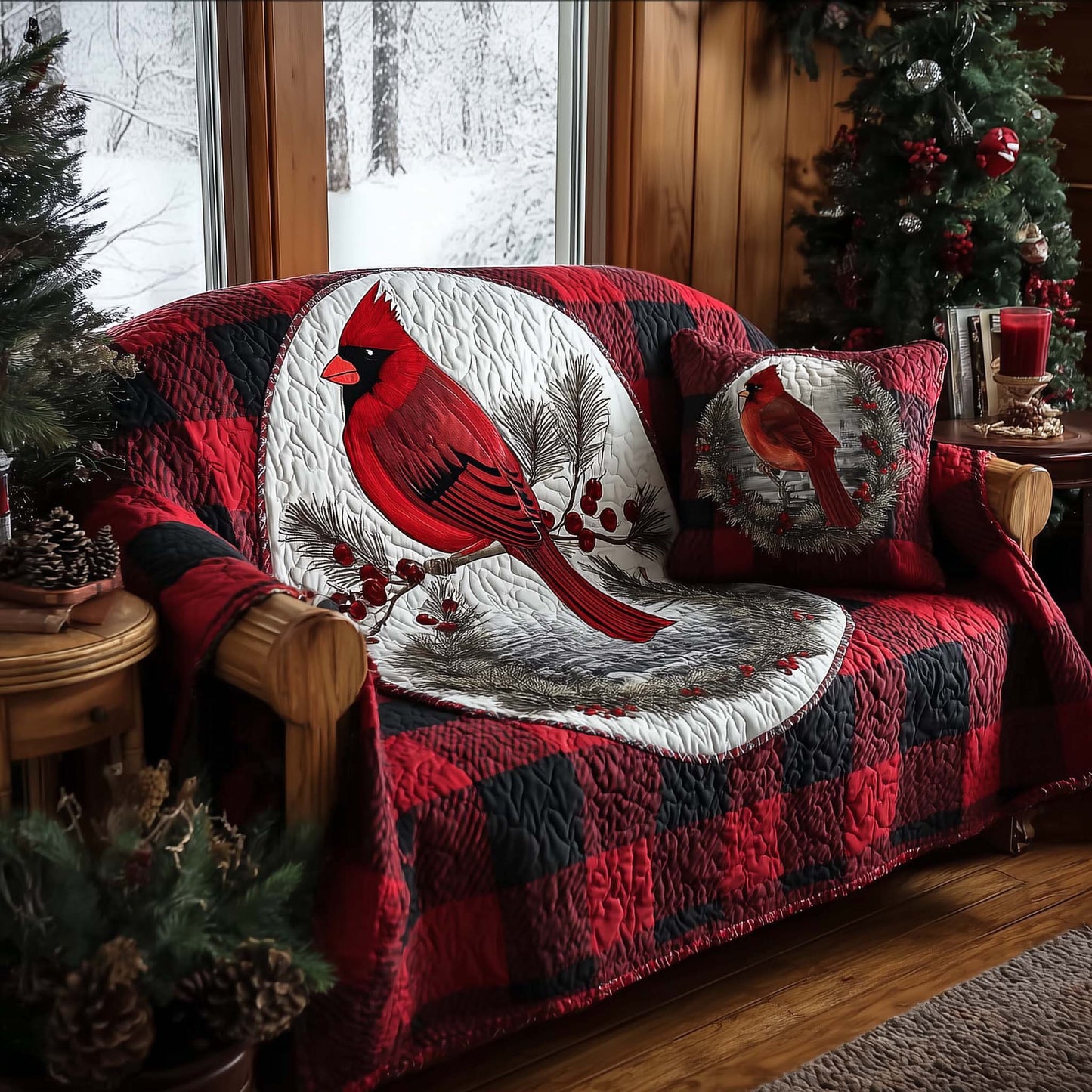 Cardinal Charm Quilted Sofa Cover Red Bird Winter Scene Protector Red Cardinal Gifts For Mom