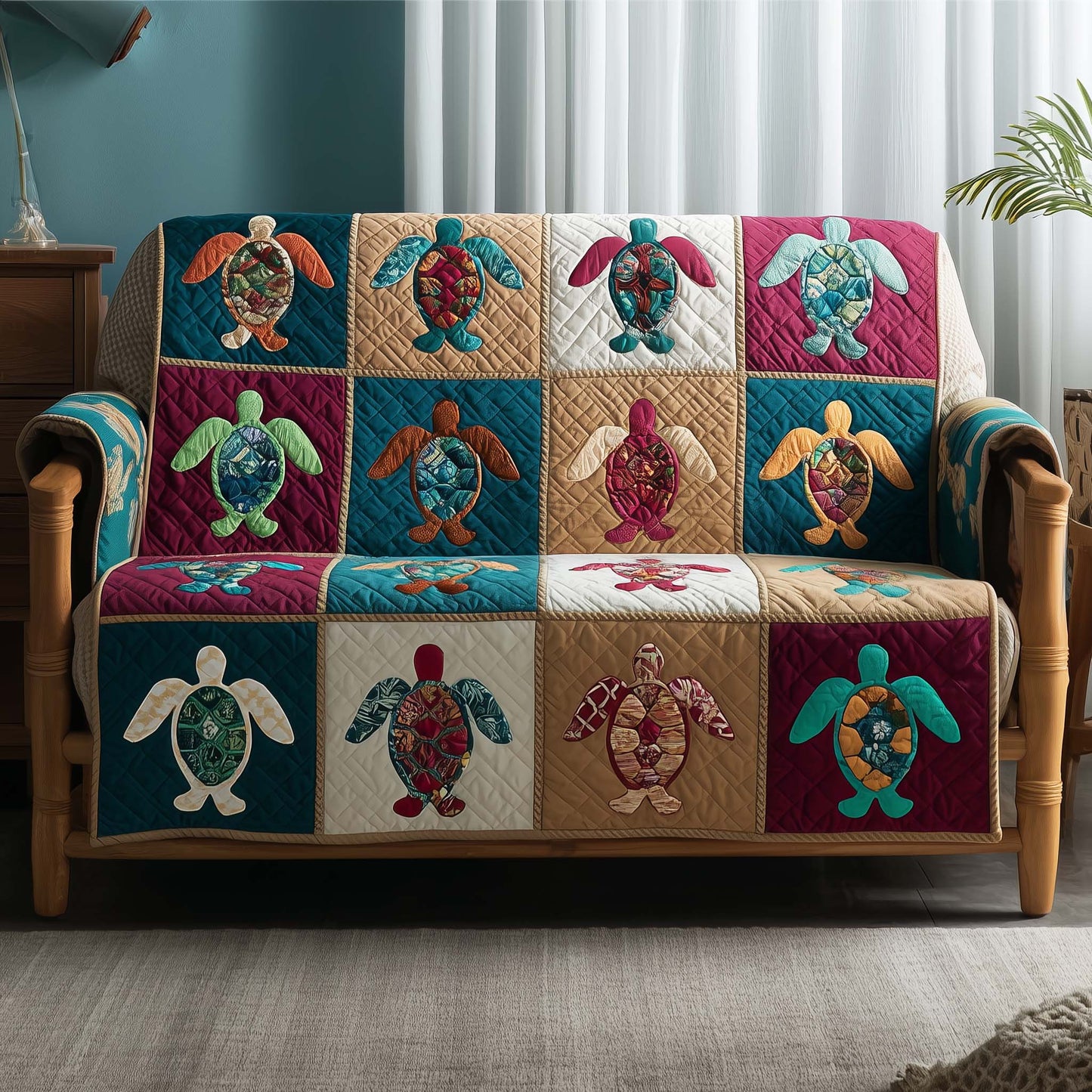 Sea Turtle Quilted Sofa Cover Swimming Sea Motif Quilt Cover Sea Turtle Gift Ideas