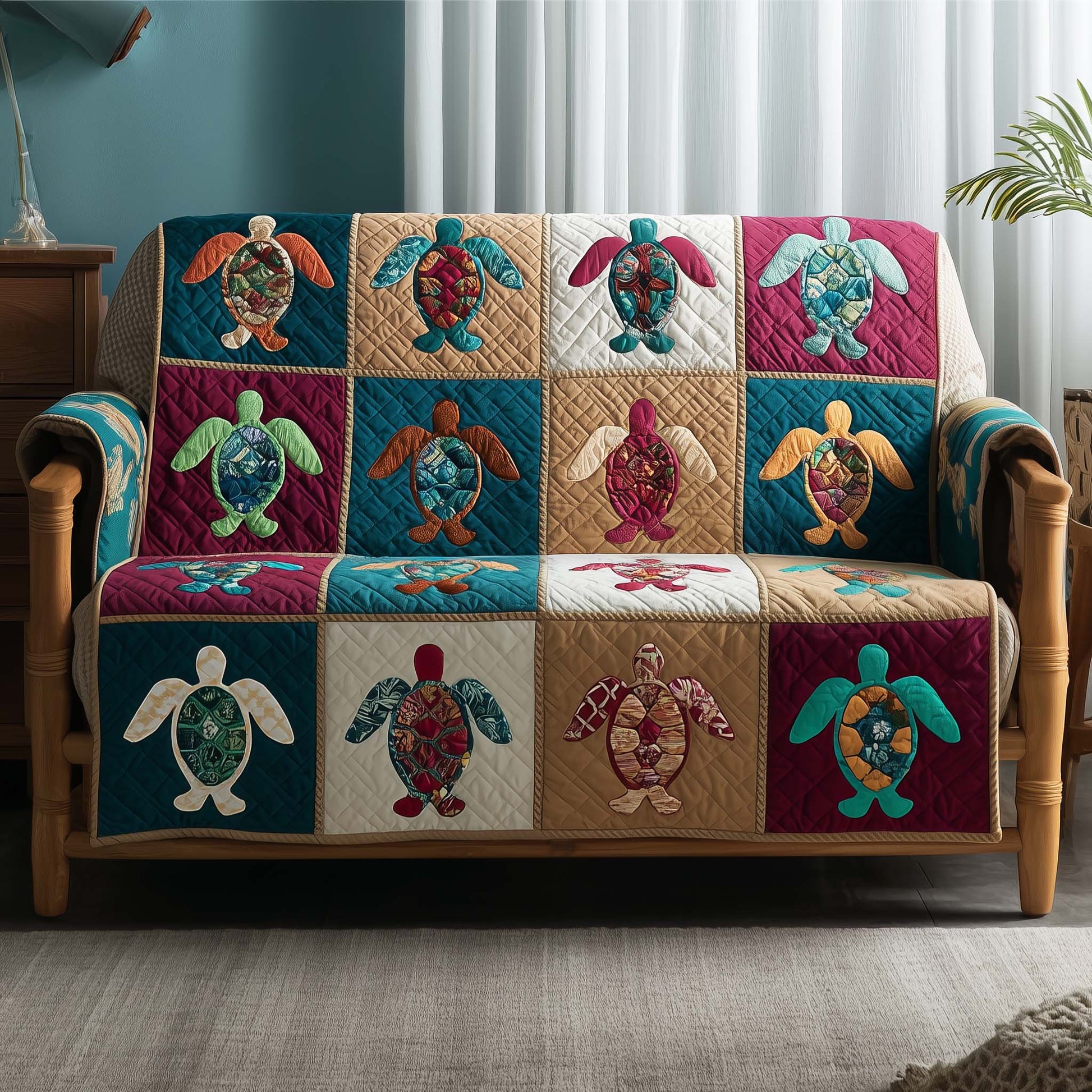 Sea Turtle Quilted Sofa Cover Swimming Sea Motif Quilt Cover Sea Turtle Gift Ideas