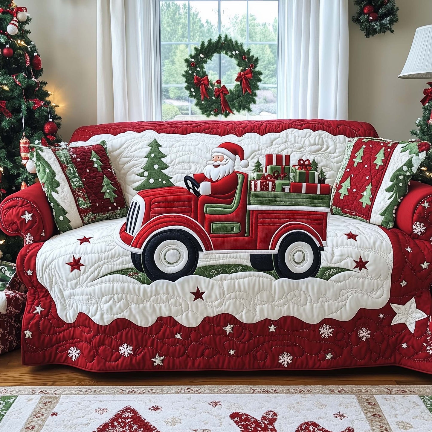 Santa's Driving Truck Quilted Sofa Cover Vintage Christmas Delivery Gift For Xmas Holiday