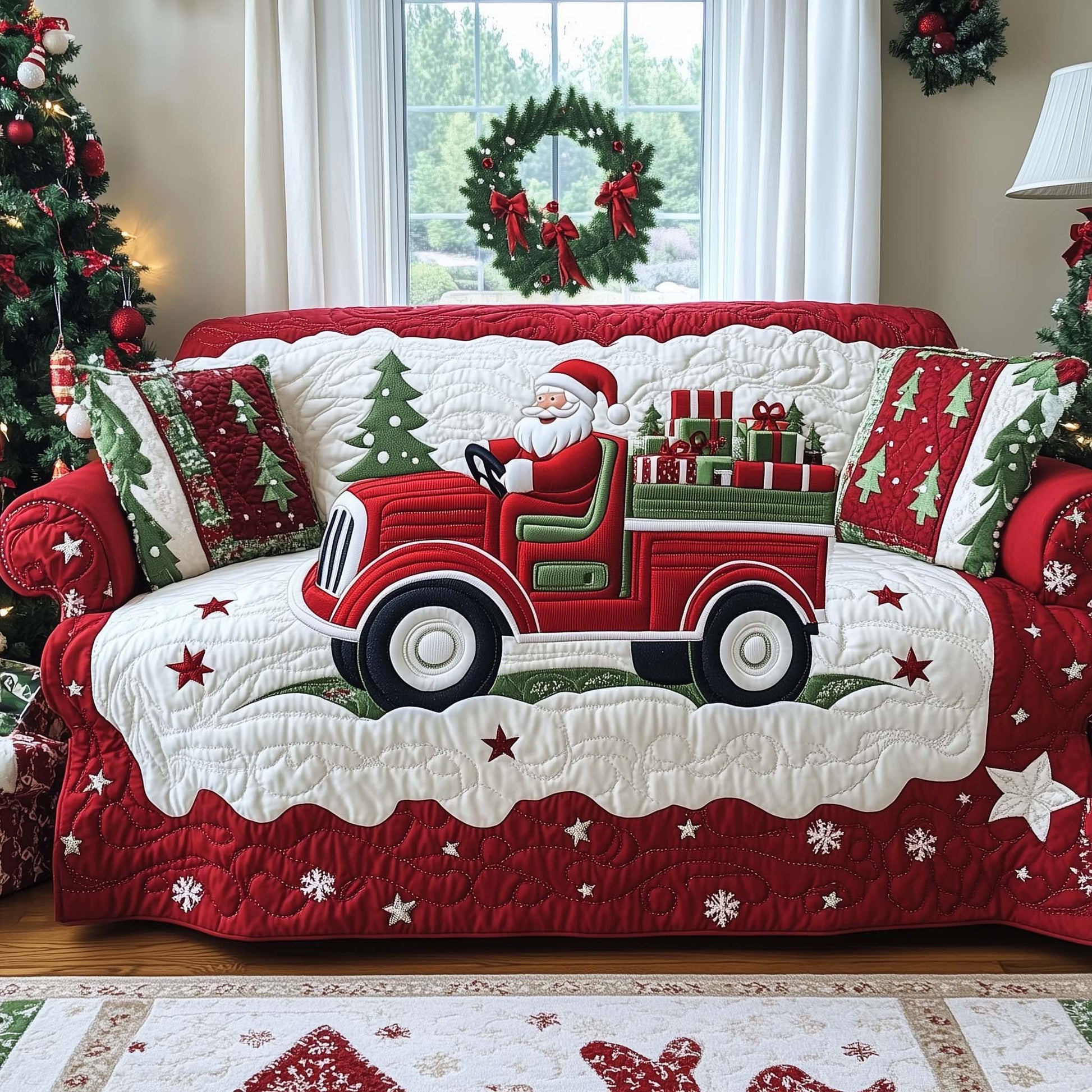 Santa's Driving Truck Quilted Sofa Cover Vintage Christmas Delivery Gift For Xmas Holiday