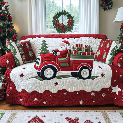 Santa's Driving Truck Quilted Sofa Cover Vintage Christmas Delivery Gift For Xmas Holiday