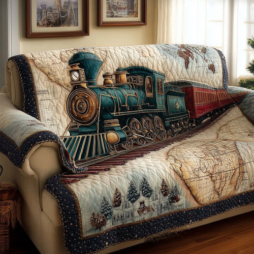 Vintage Train Quilted Sofa Cover Classic Locomotive Pattern Slipcover Train Gifts