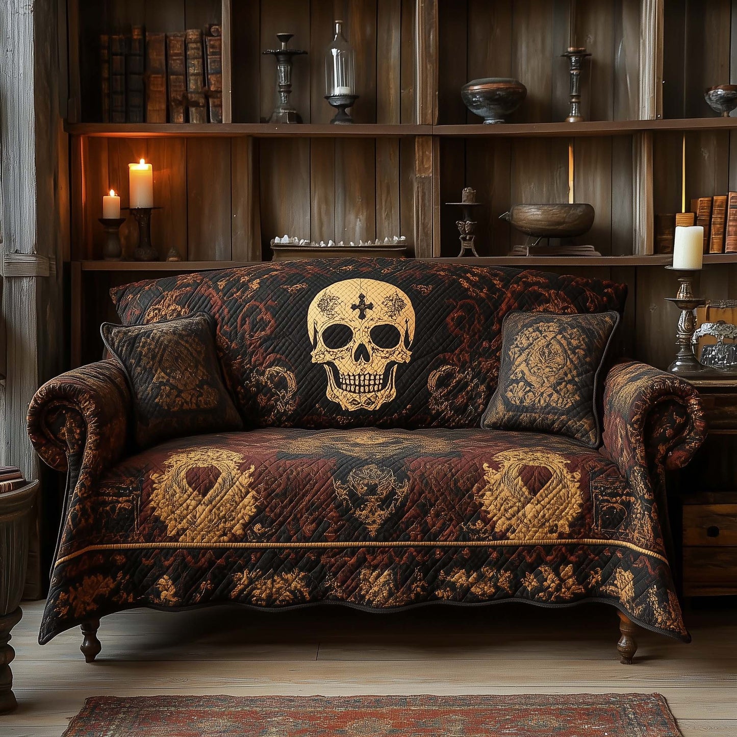 Antique Tapestry Skull Quilted Sofa Cover Vintage Floral Skull Graphic Cover Themed Gifts