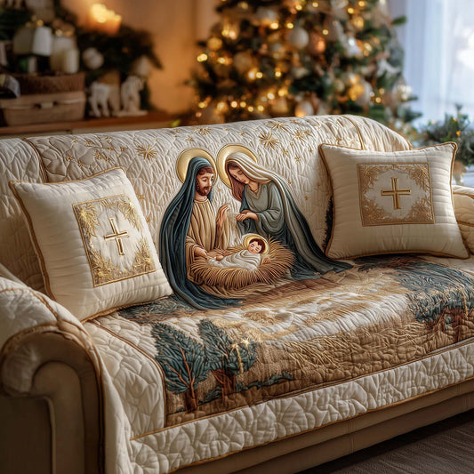 Peaceful Nativity Quilted Sofa Cover Religious Christmas Art Nativity Scene Home Interior
