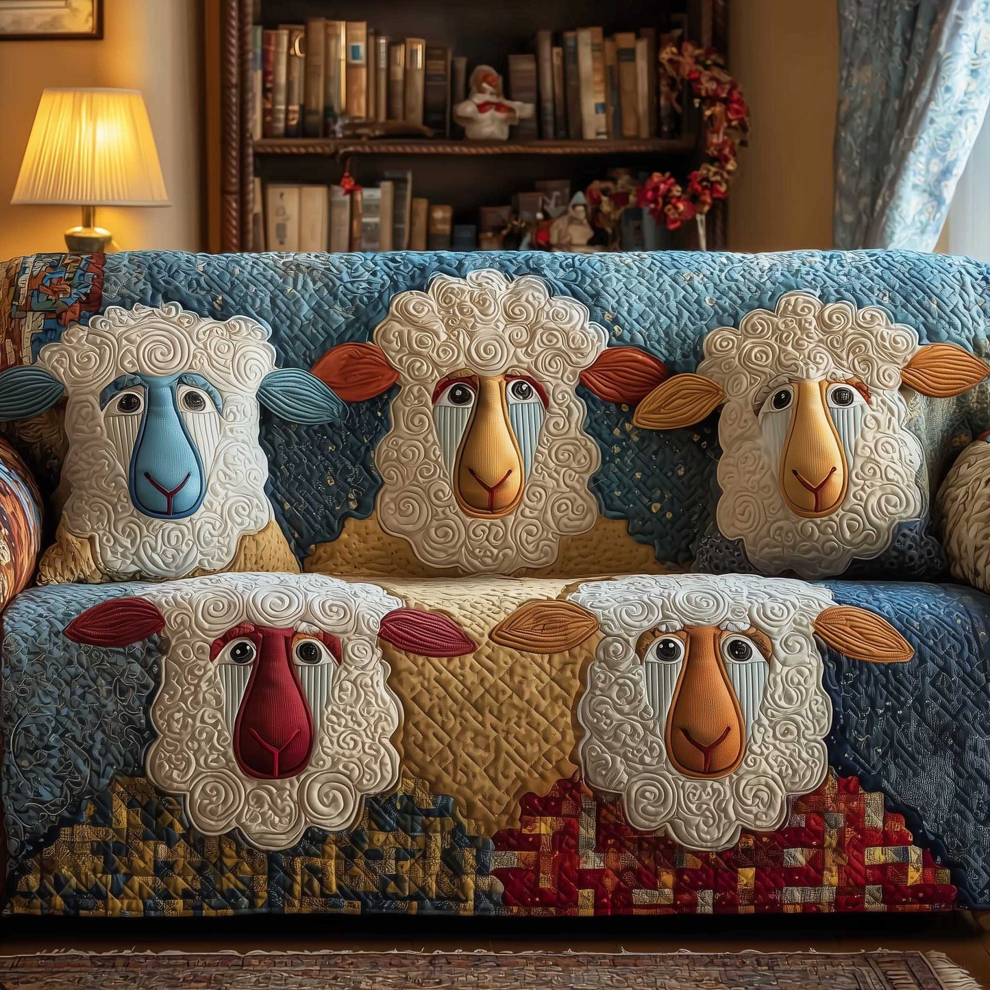 Quirky Pasture Quilted Sofa Cover Unique Farm Landscape Motif Sheep Related Presents