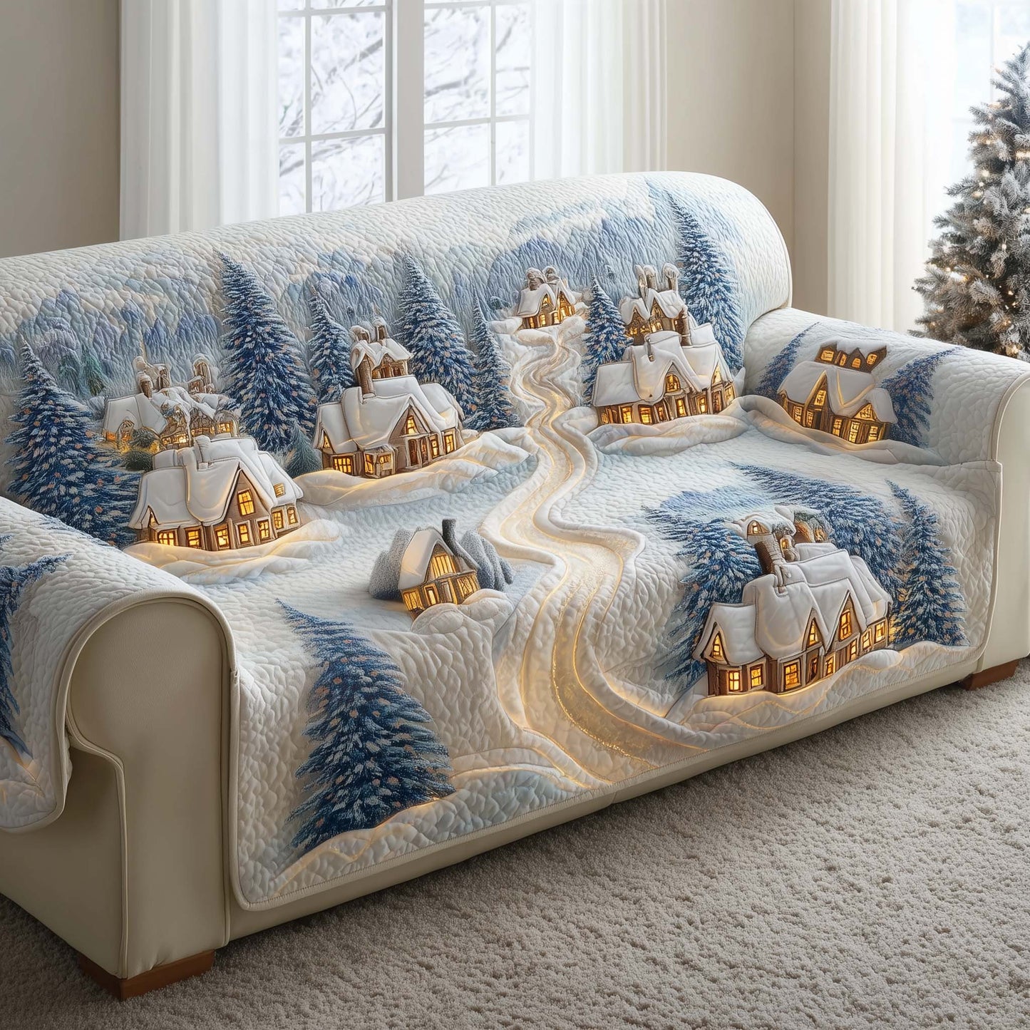 Snowy Village Quilted Sofa Cover Winter Wonderland Town Scene Gift For Him