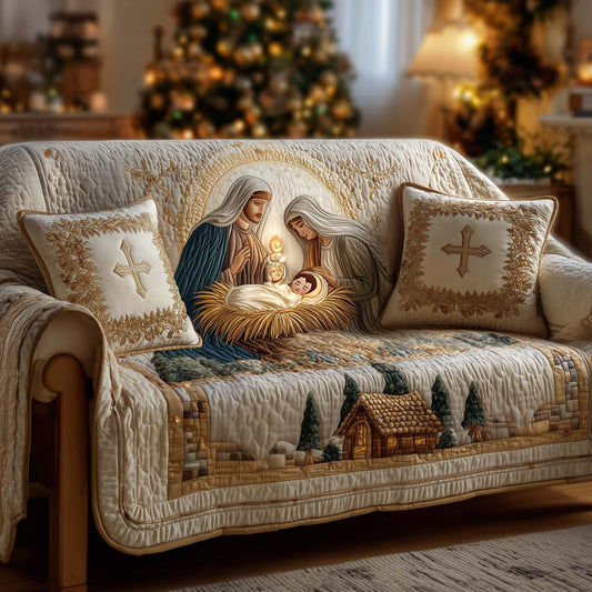 Peaceful Nativity Quilted Sofa Cover Silent Night Religious Christmas Gifts