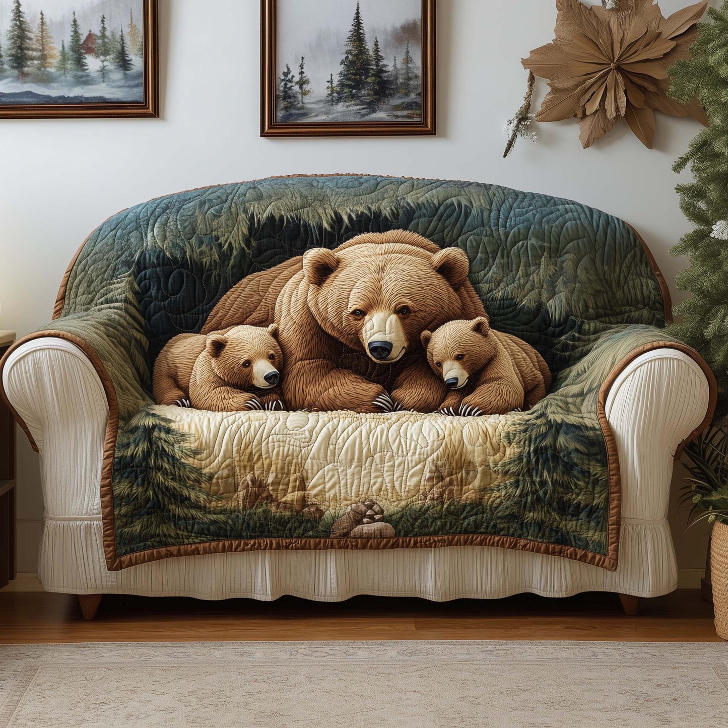 Bear Forest Quilted Sofa Cover Mountain Cabin Bear Theme Bear Gifts For Dad