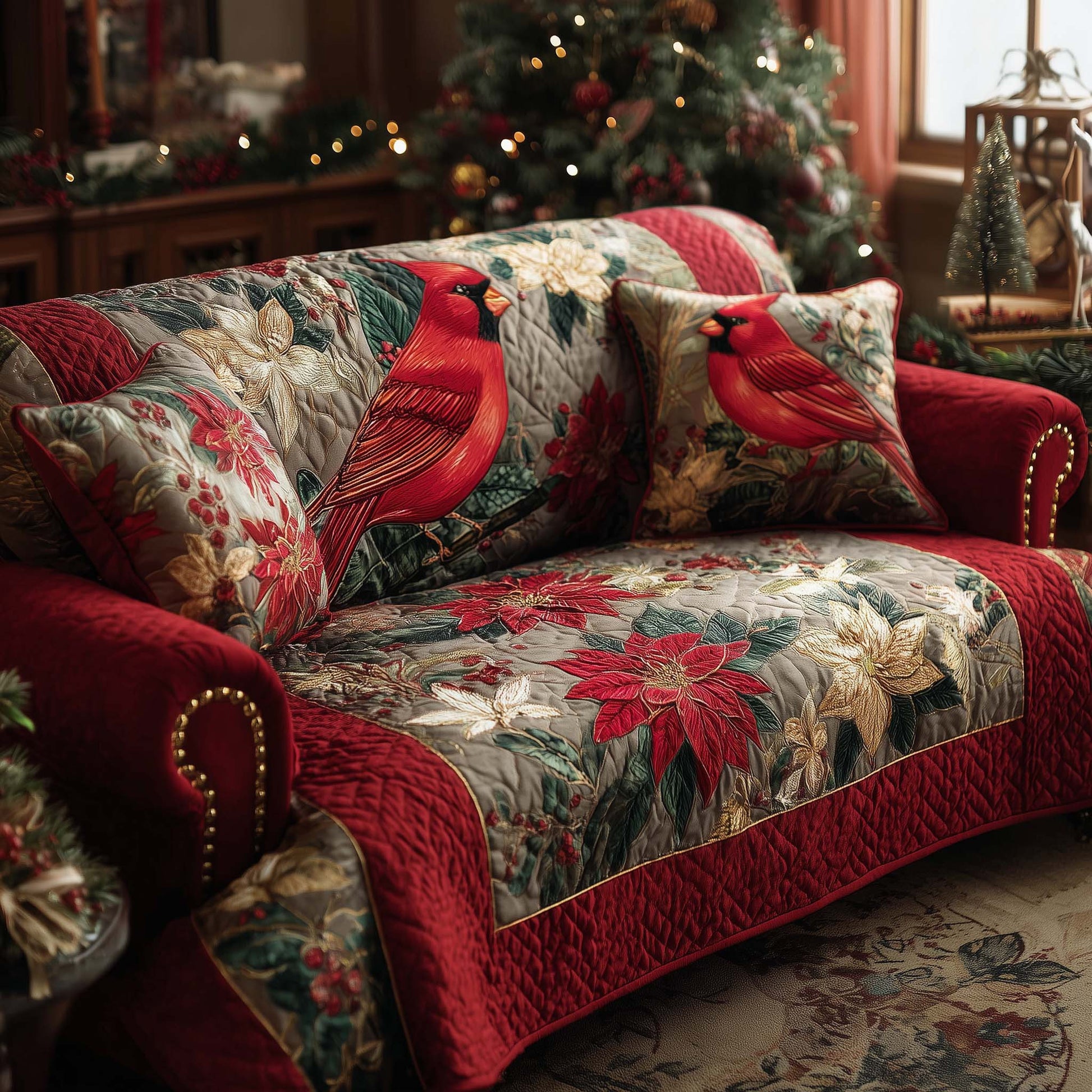 Cardinal Charm Quilted Sofa Cover Winter Wildlife Bird Design Red Cardinal Gifts For Mom