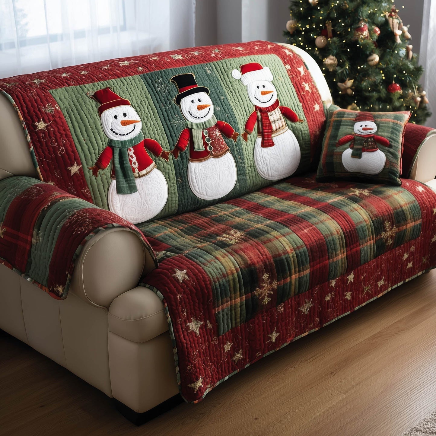 Snowman Quilted Sofa Cover Winter Cute Sofa Protector Perfect Gifts For Christmas Holiday