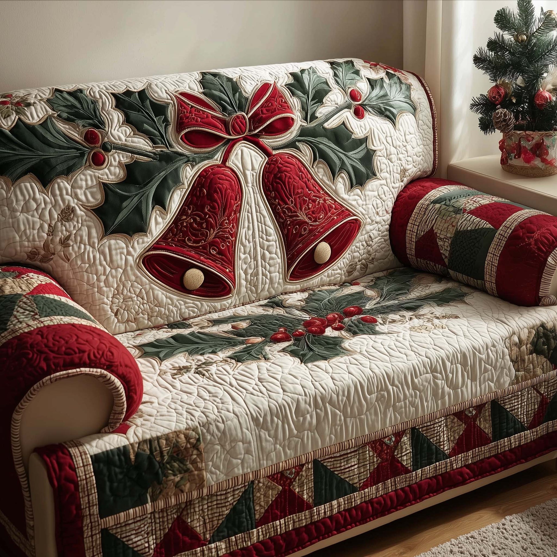 Christmas Bell Quilted Sofa Cover Golden Bell Garland Accent Best Gifts For Christmas