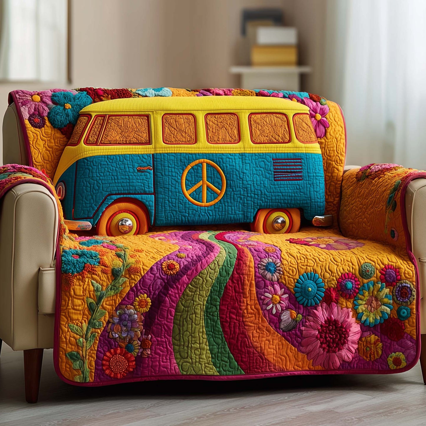 Hippie Quilted Sofa Cover Peace and Love Flower Power Gifts For Your Hippie Friend