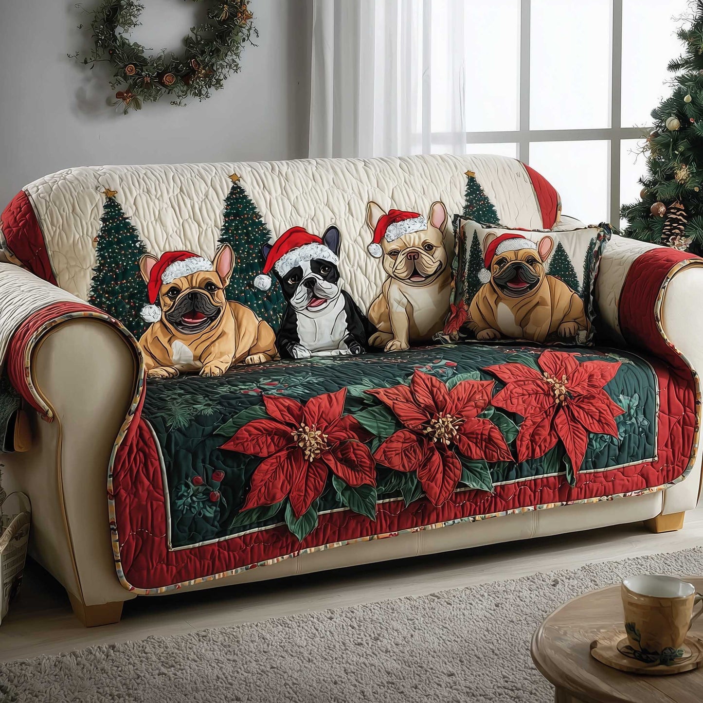 French Bulldog Quilted Sofa Cover With Santa Hat French Bulldog Christmas Gifts For Owners