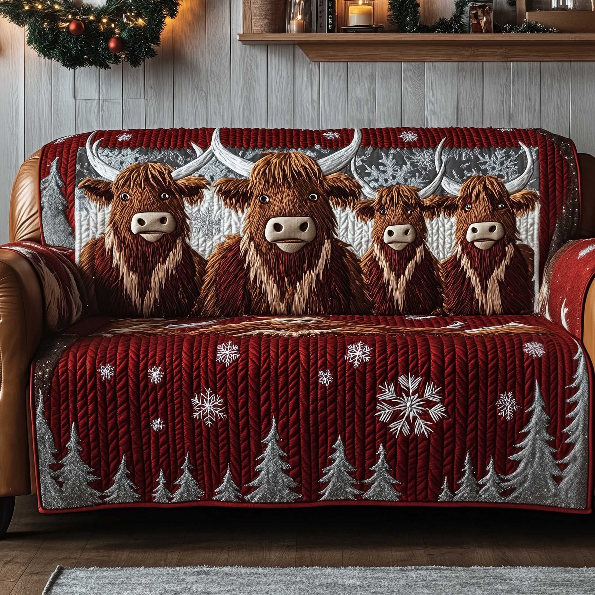 Yuletide Pasture Quilted Sofa Cover Winter Barnyard Holiday Cow Lover Gift Ideas