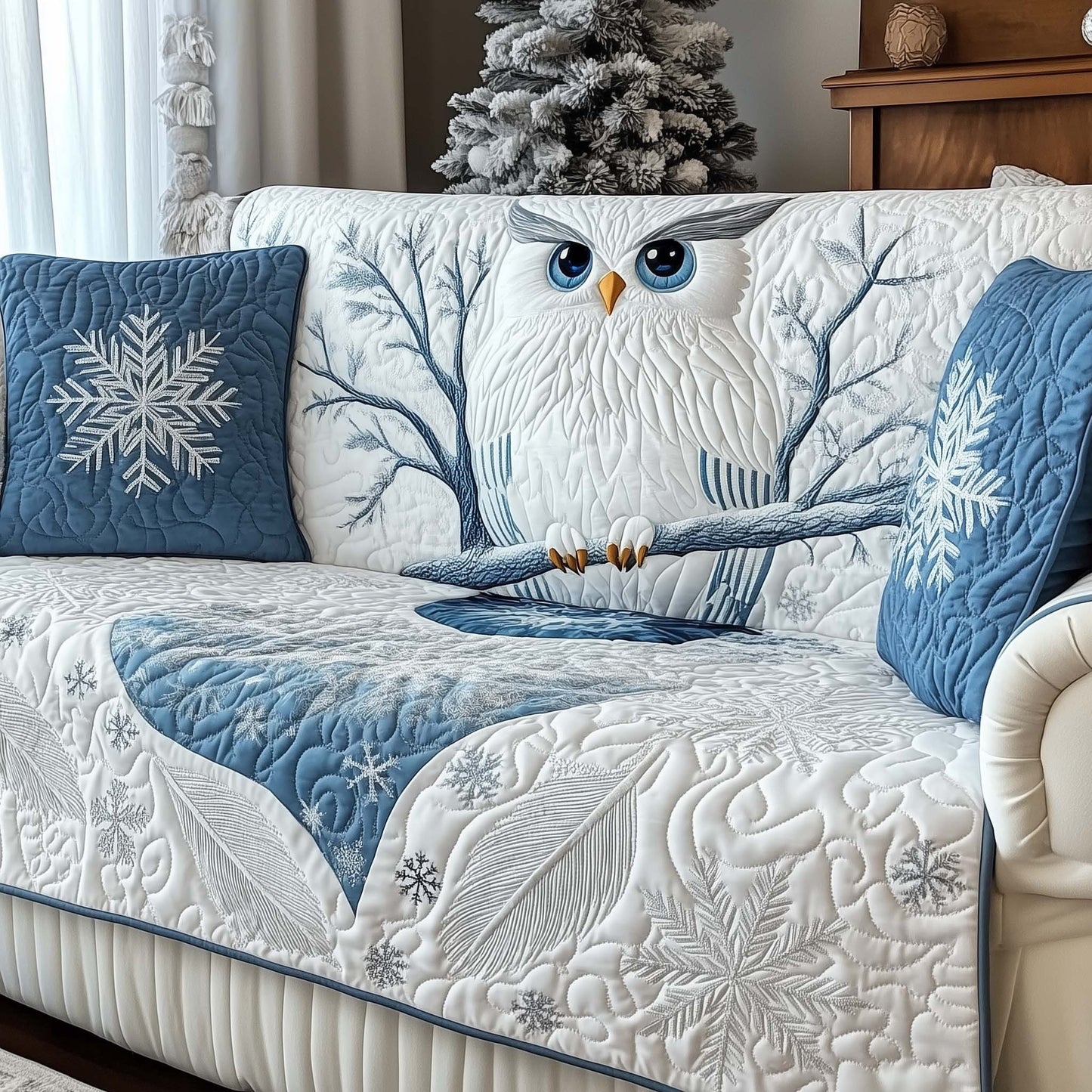 Snowy Arctic Owl Quilted Sofa Cover Icy Tundra Bird Motif Best Unique Gifts For Owl Lovers