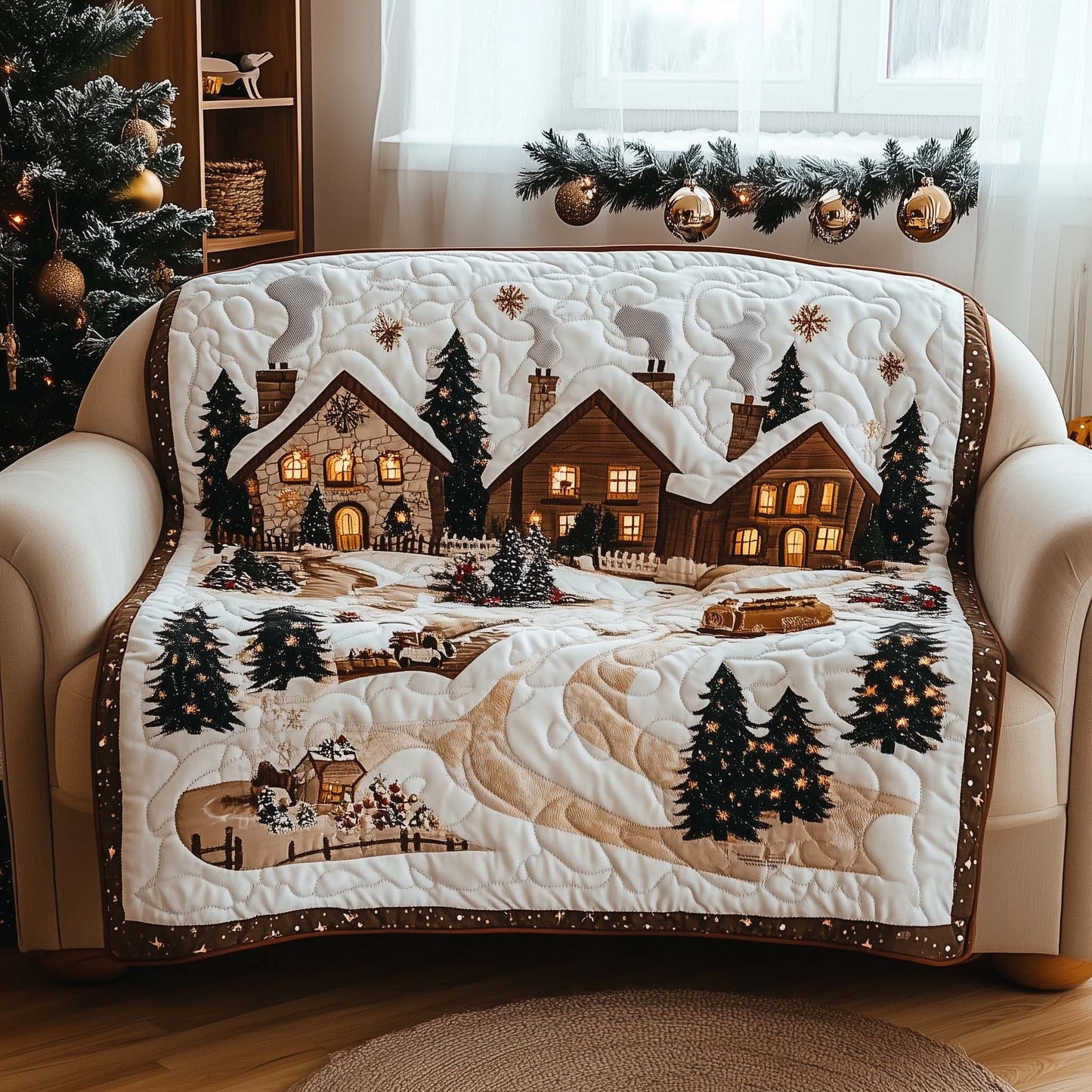 Snow Village Quilted Sofa Cover Tranquil Snowy Hamlet Protector Gifts For House Warming