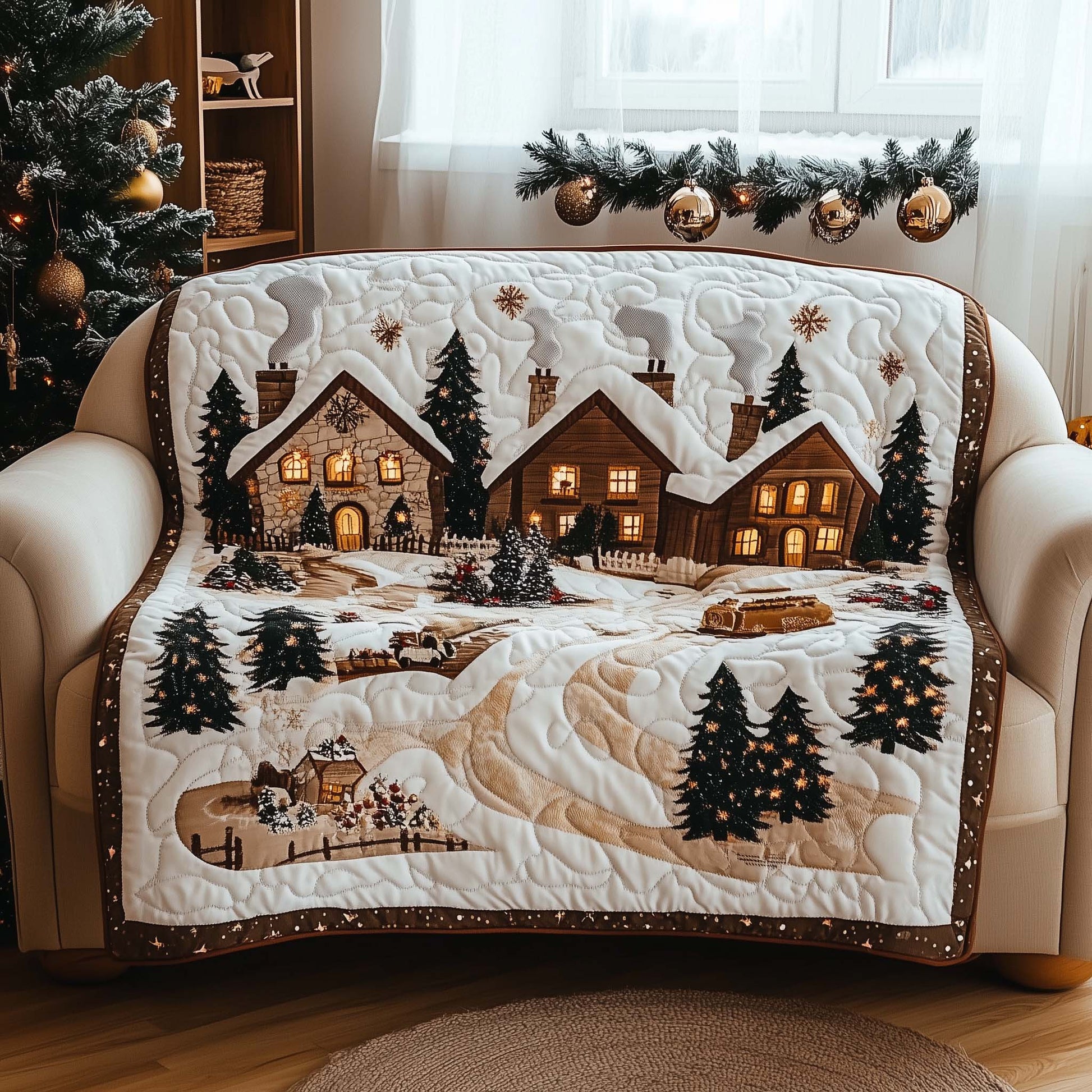 Snow Village Quilted Sofa Cover Tranquil Snowy Hamlet Protector Gifts For House Warming