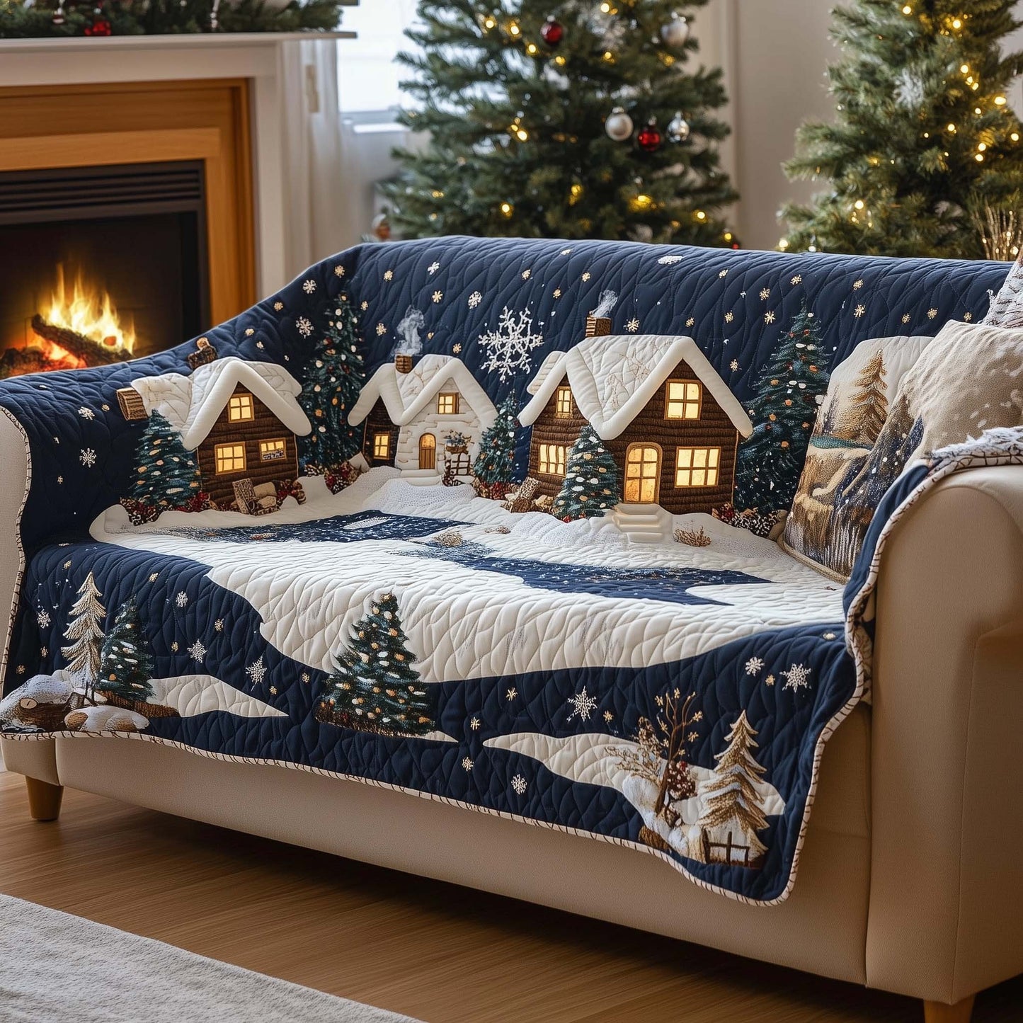 Snow Village Quilted Sofa Cover Detailed Christmas Town Motif Gifts For House Warming