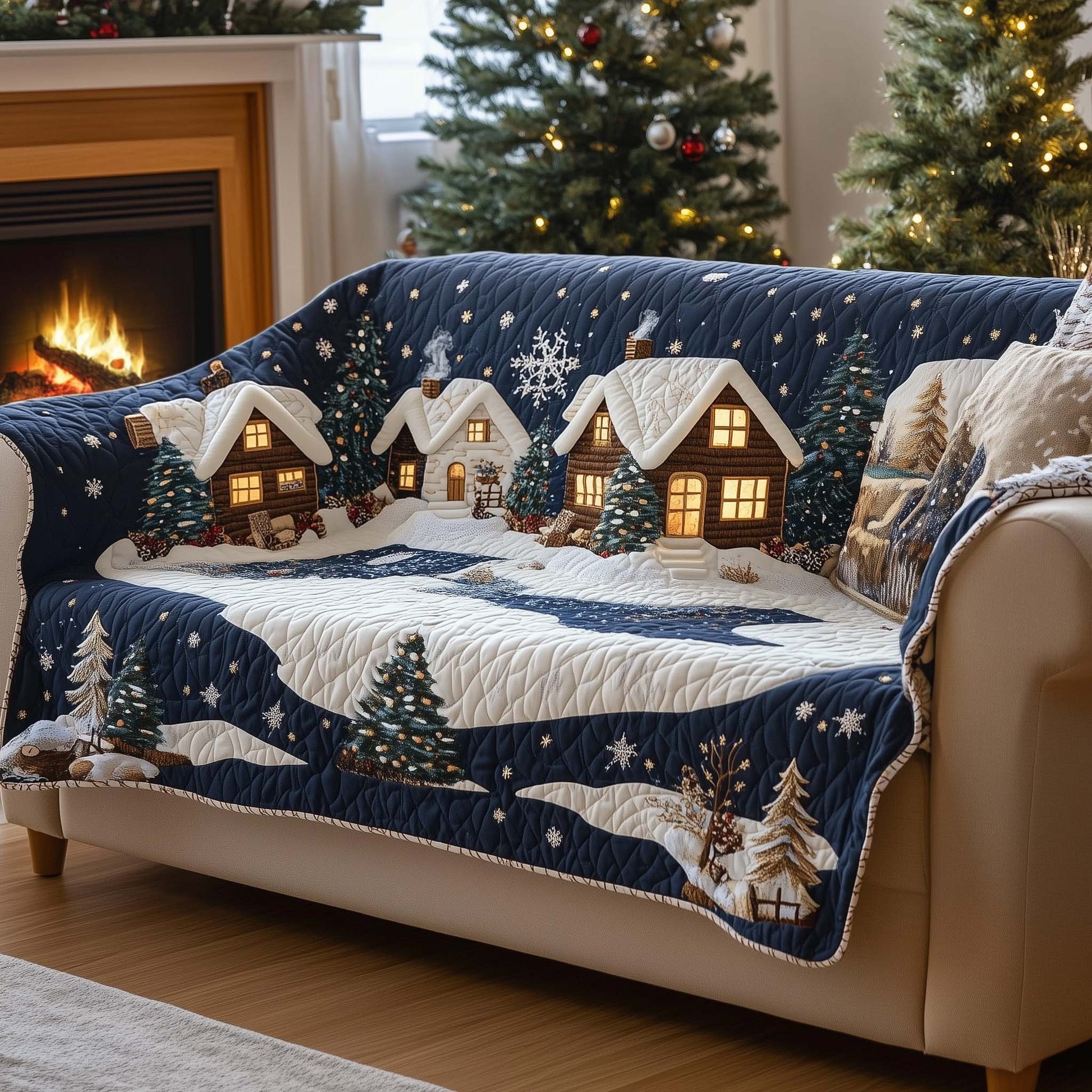 Snow Village Quilted Sofa Cover Detailed Christmas Town Motif Gifts For House Warming