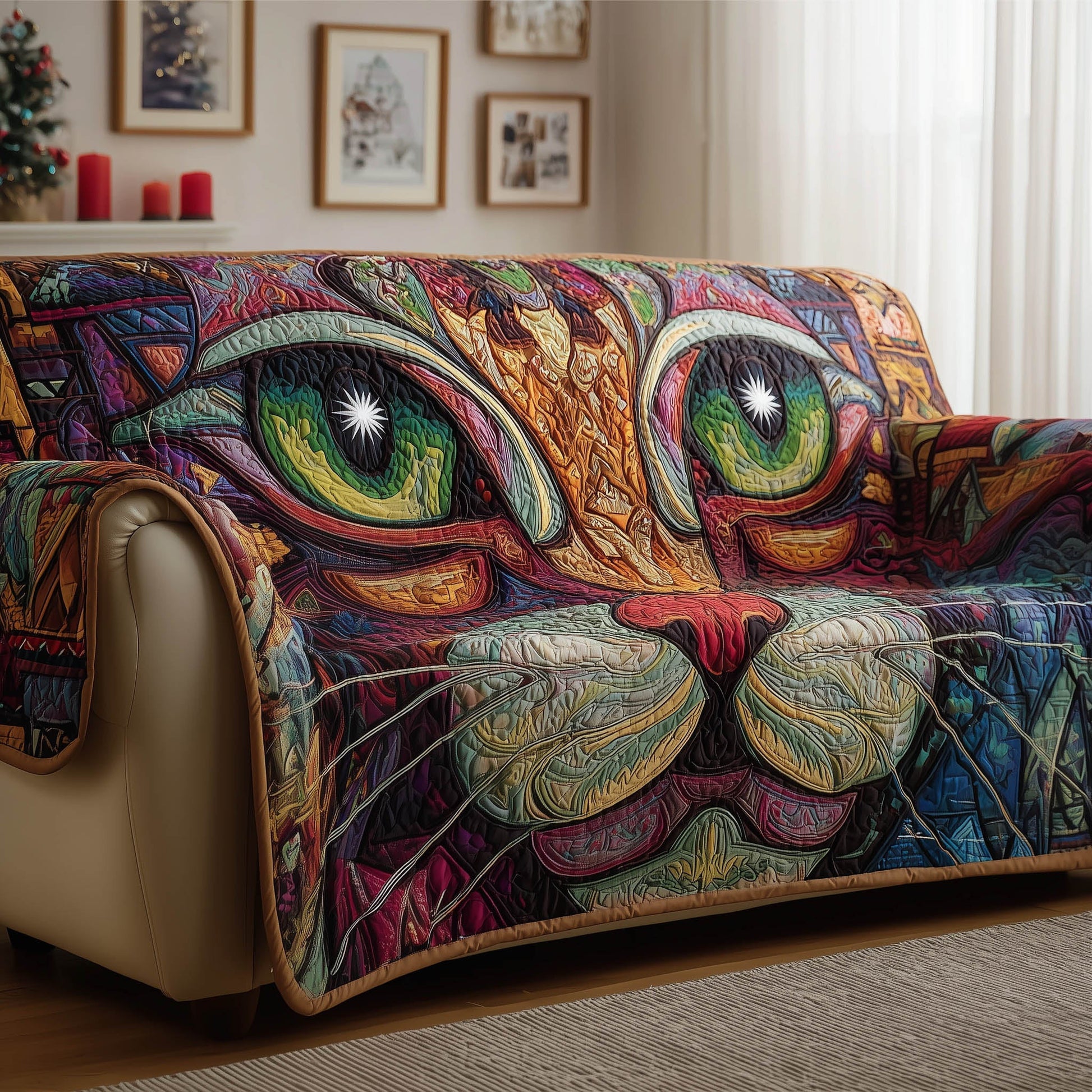 Rustic Catitude Quilted Sofa Cover Farmhouse Cat Outline Motif Kitten Christmas Presents