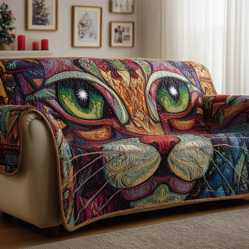 Rustic Catitude Quilted Sofa Cover Farmhouse Cat Outline Motif Kitten Christmas Presents