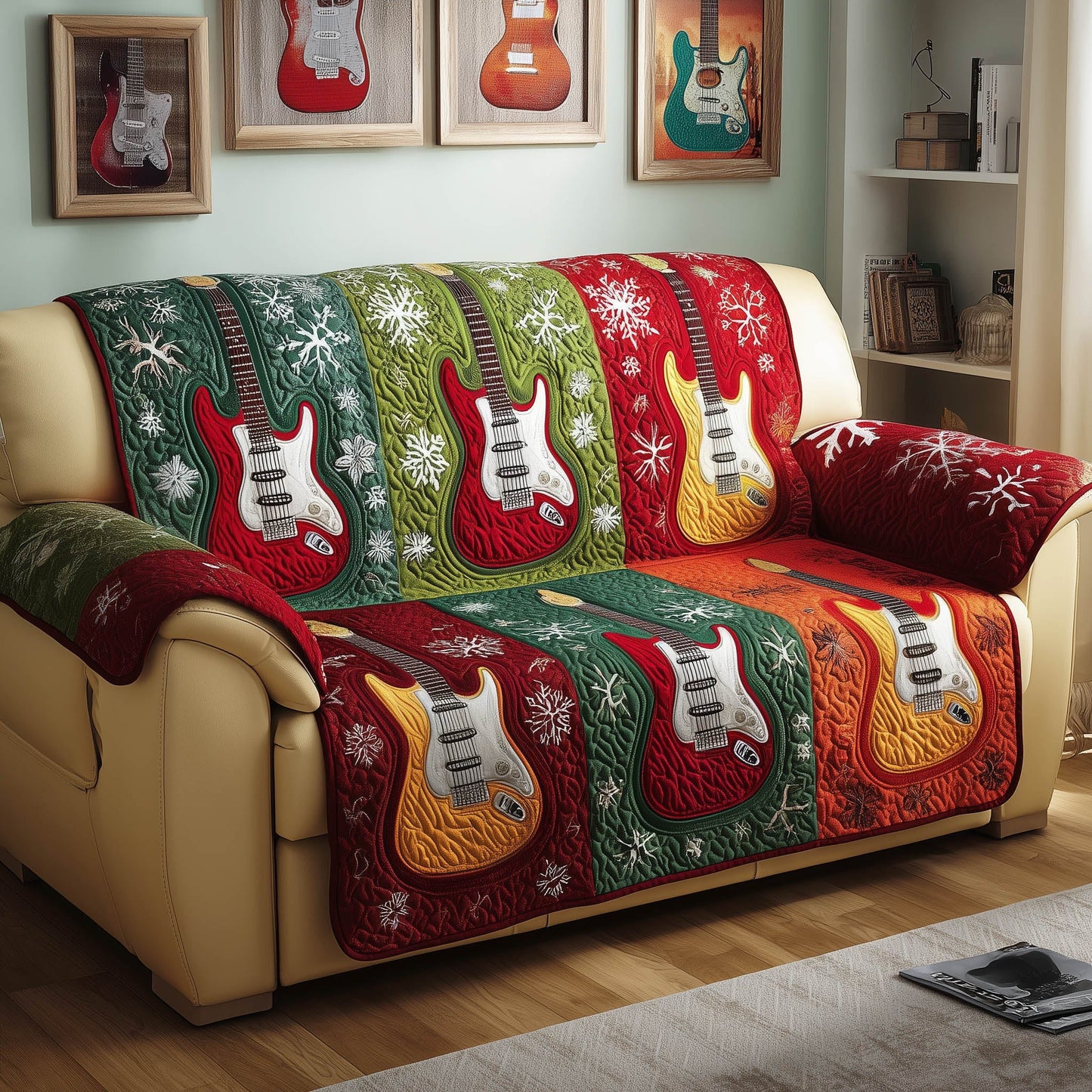 Christmas Harmony Quilted Sofa Cover Festive Music Christmas Presents For Guitar Players
