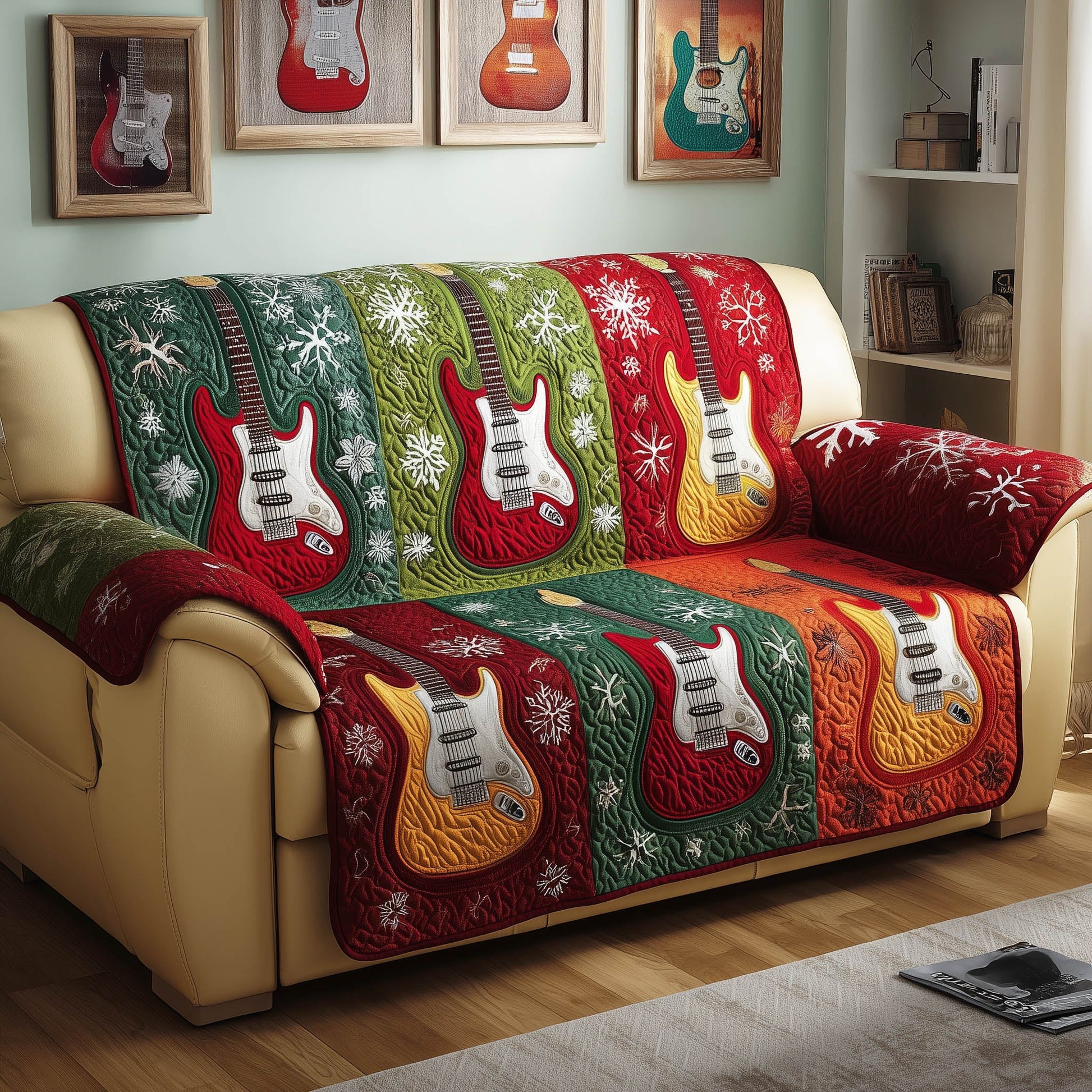 Christmas Harmony Quilted Sofa Cover Festive Music Christmas Presents For Guitar Players