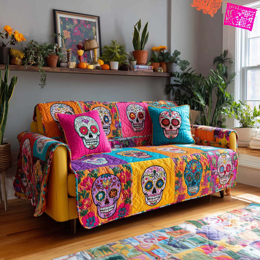 Candy Skulls Fiesta Quilted Sofa Cover Vibrant Calavera Motif Skull Themed Gifts