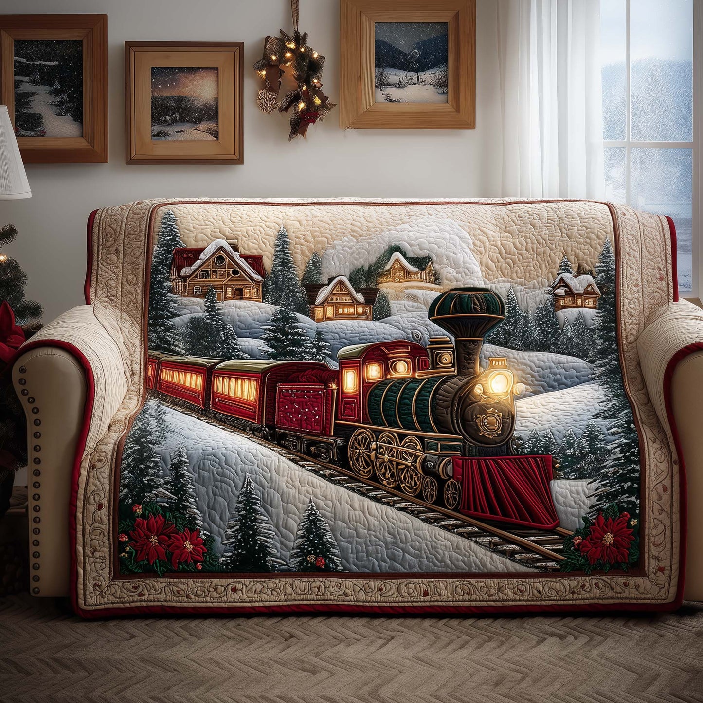 Winter Train Quilted Sofa Cover Icy Rail Car Scene Protector Train Gifts Christmas For Adults