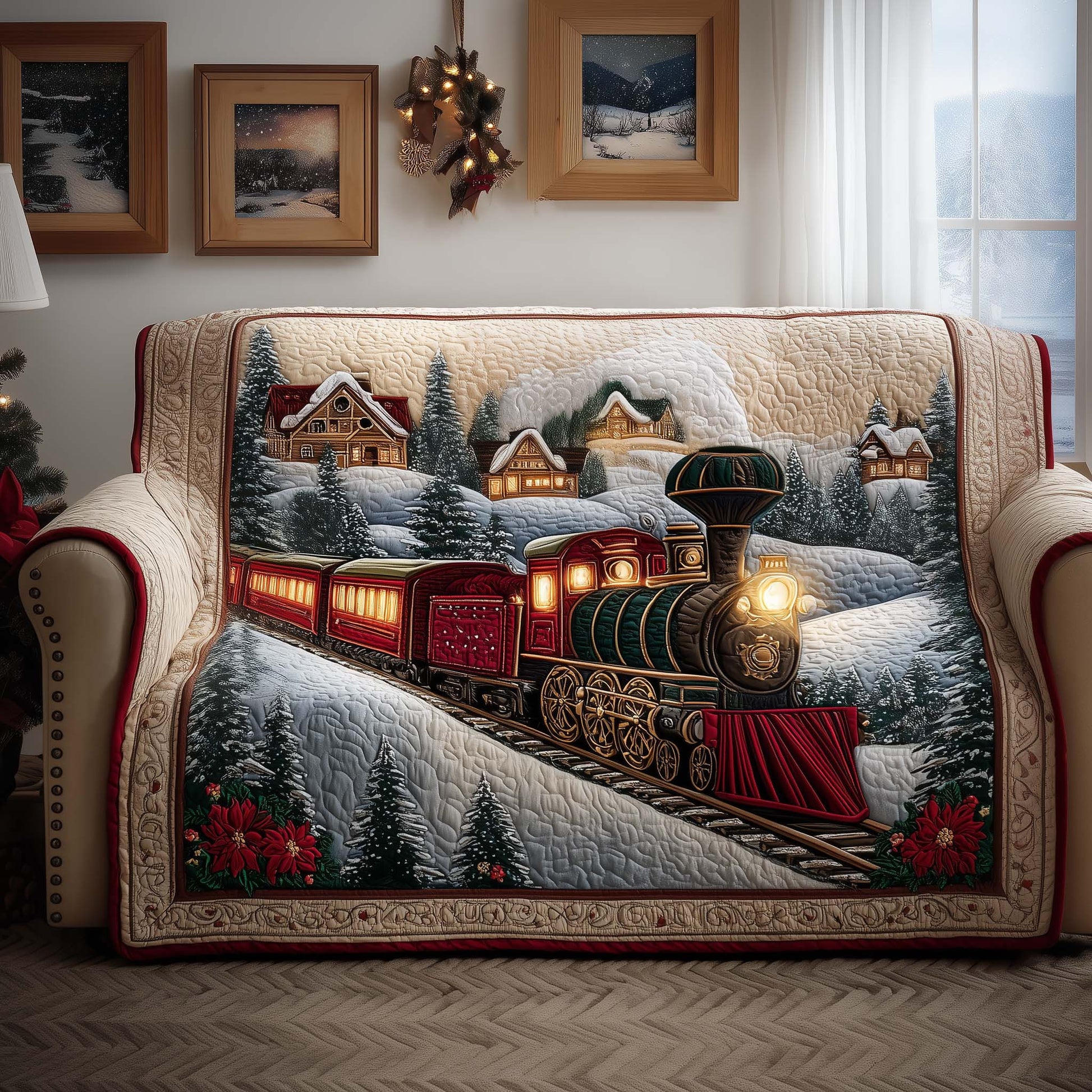 Winter Train Quilted Sofa Cover Icy Rail Car Scene Protector Train Gifts Christmas For Adults