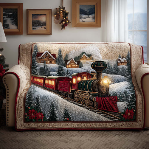 Winter Train Quilted Sofa Cover Icy Rail Car Scene Protector Train Gifts Christmas For Adults