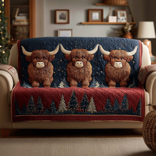 Highland Cow Quilted Sofa Cover Cozy Fuzzy Christmas Theme Cover Cow Lover Gift Ideas