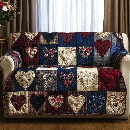 Patchwork Hearts Quilted Sofa Cover Sweet Heart Geometric Motif Best Couple Gifts Design