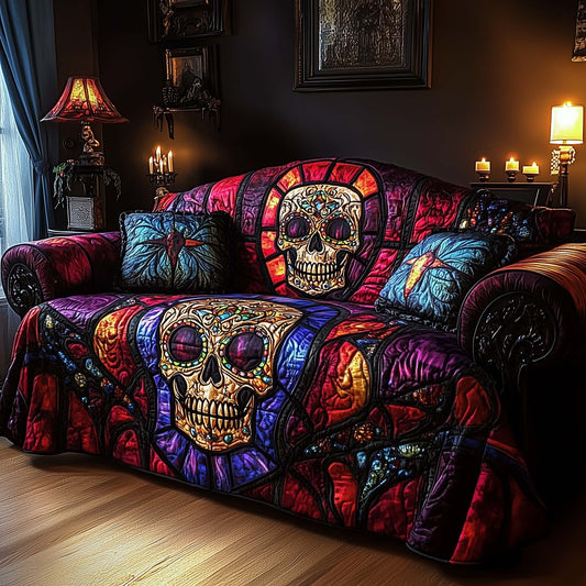 Gothic Cathedral Skull Quilted Sofa Cover Dark Cathedral Motif Skull Graphic Themed Gifts