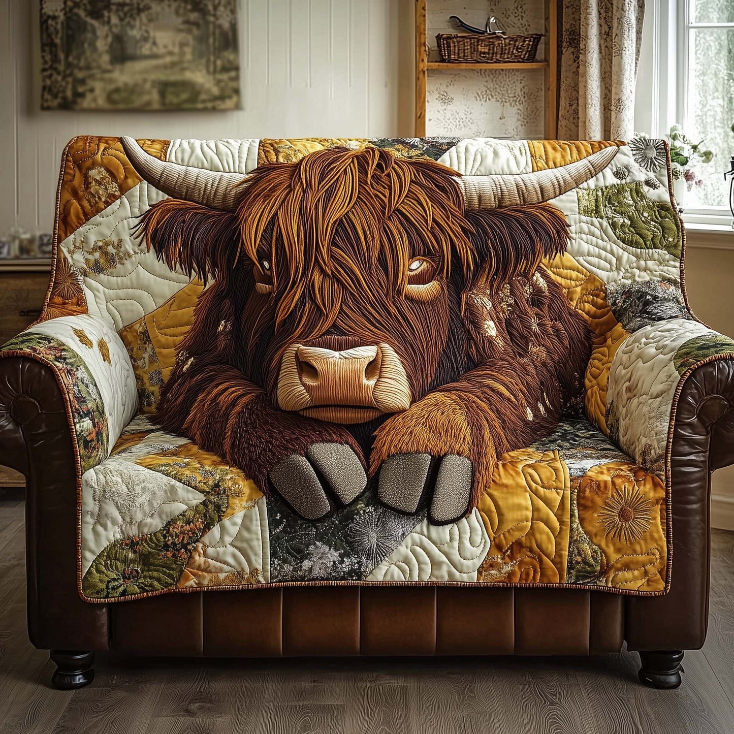 Resting Highland Cow Quilted Sofa Cover Cozy Highland Bull Nap Accent Cow Lover Gift Ideas