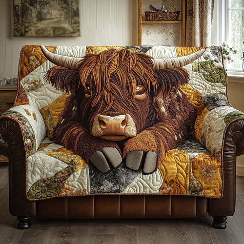 Resting Highland Cow Quilted Sofa Cover Cozy Highland Bull Nap Accent Cow Lover Gift Ideas