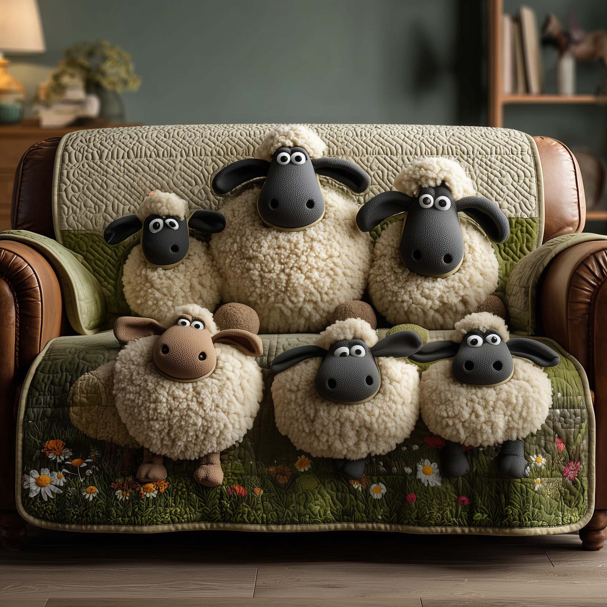 Sheep Quilted Sofa Cover Peaceful Pasture Sheep Motif Slipcover Farmhourse Related Presents