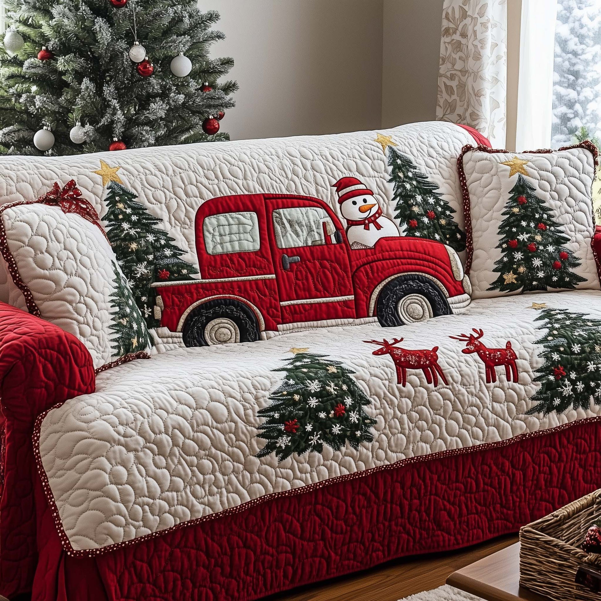 Snowman Delivery Truck Quilted Sofa Cover Winter Holiday Best Gift For Christmas Holiday