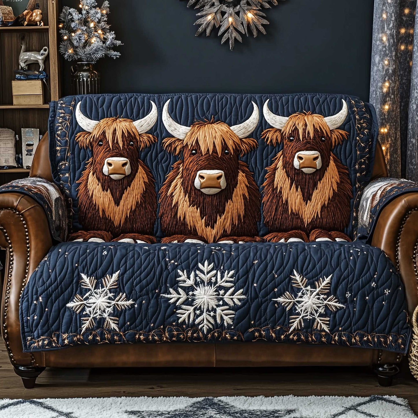 Yuletide Pasture Quilted Sofa Cover Country Christmas Pasture Design Cow Lover Gift Ideas