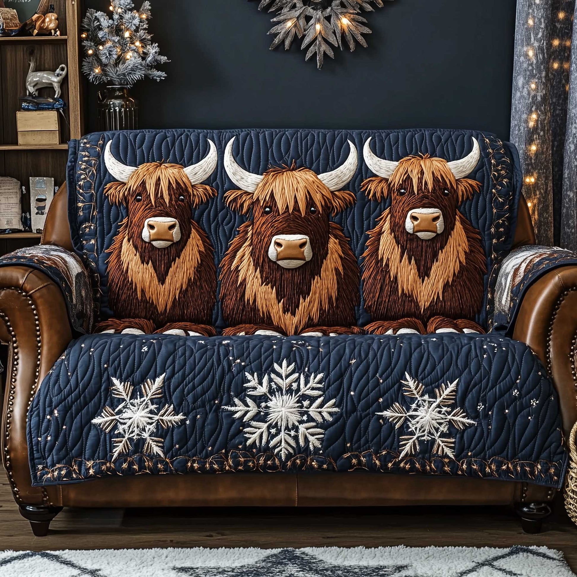 Yuletide Pasture Quilted Sofa Cover Country Christmas Pasture Design Cow Lover Gift Ideas