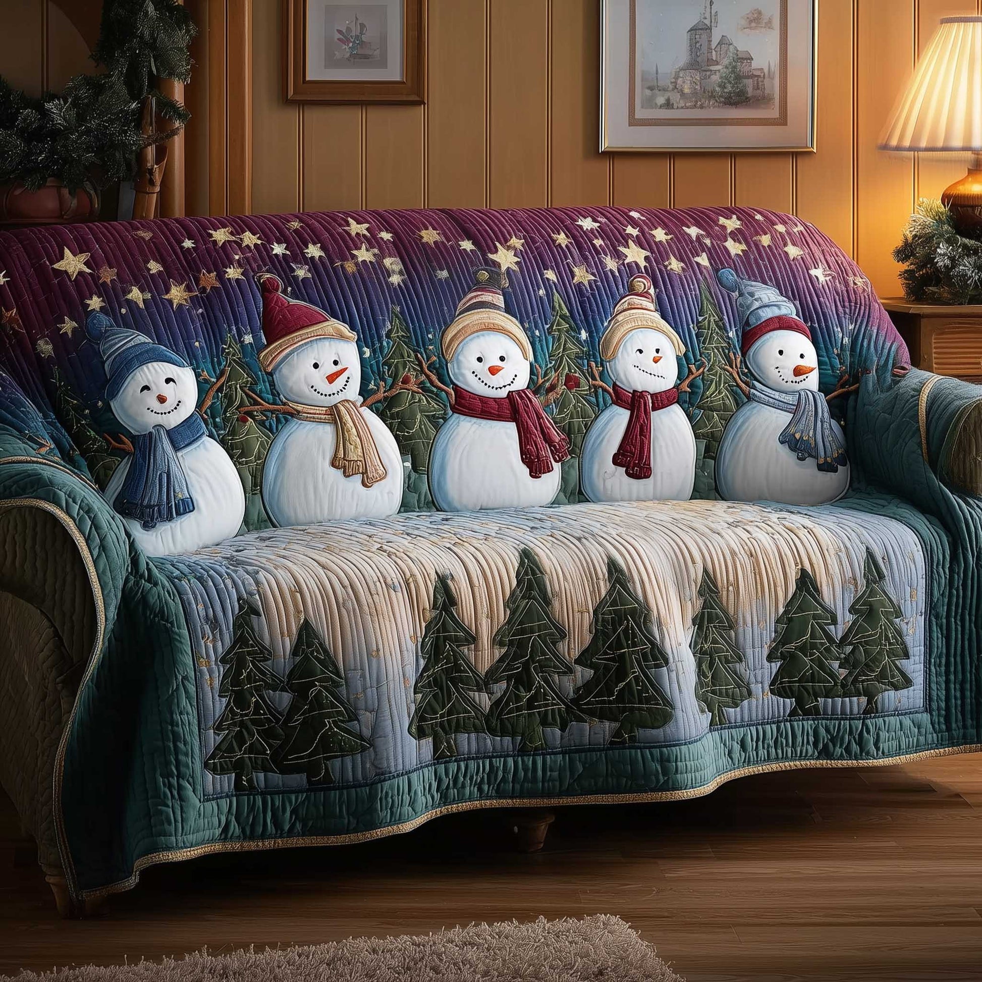 Snowman Lane Quilted Sofa Cover Cheerful Winter Snowman Path Presents For Family