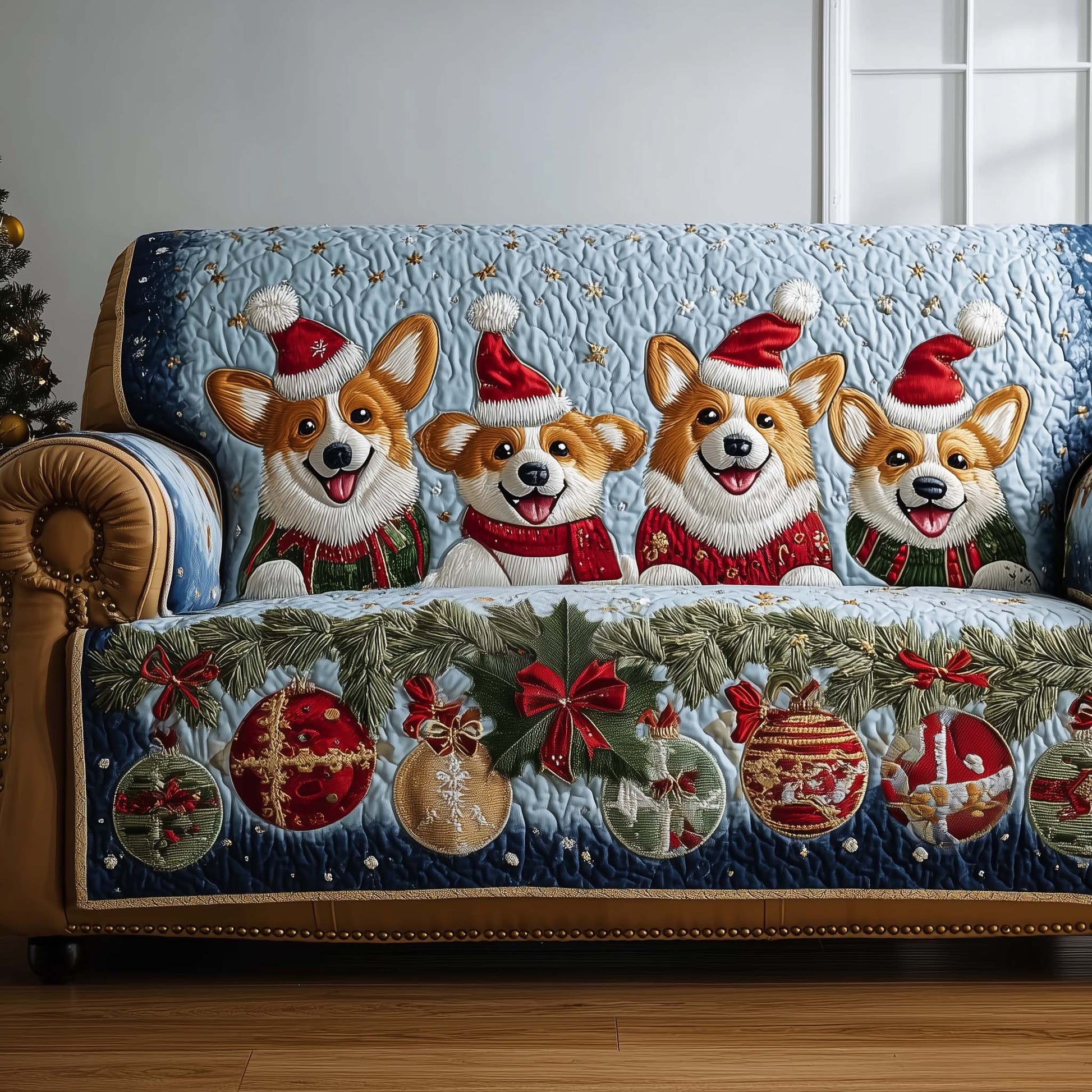 Jolly Corgi Quilted Sofa Cover Fluffy Christmas Dog Sofa Protector Corgi Owner Gifts