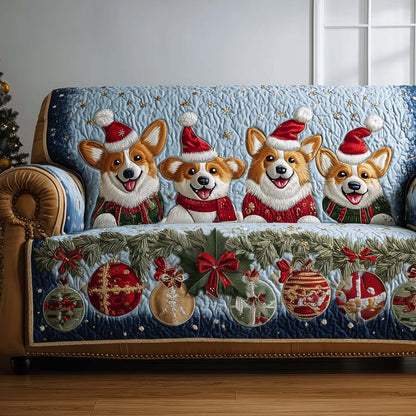 Jolly Corgi Quilted Sofa Cover Fluffy Christmas Dog Sofa Protector Corgi Owner Gifts