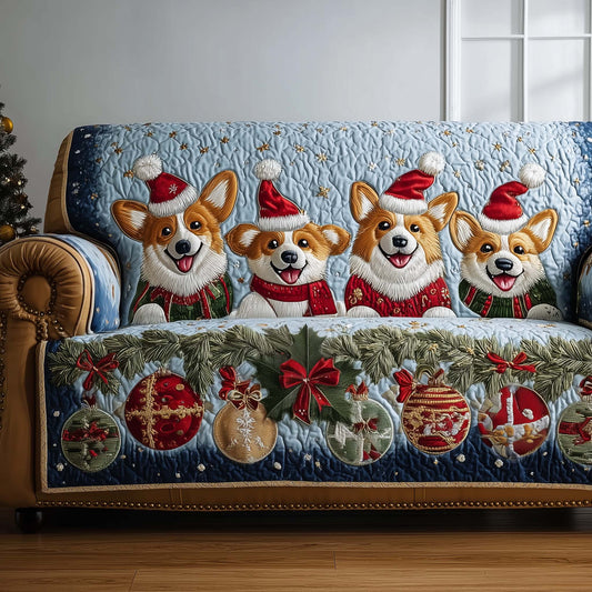 Jolly Corgi Quilted Sofa Cover Fluffy Christmas Dog Sofa Protector Corgi Owner Gifts