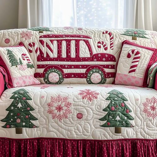 Candy Cane Truck Quilted Sofa Cover Sweet Striped Holiday Delivery Presents For Christmas